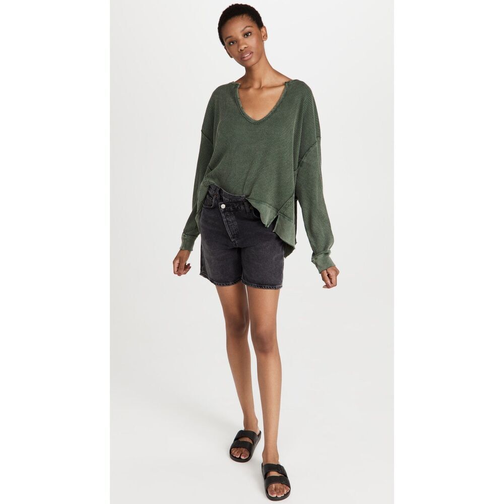 Free People We The Free Green Waffle Knit Oversized V-Neck Thermal Top